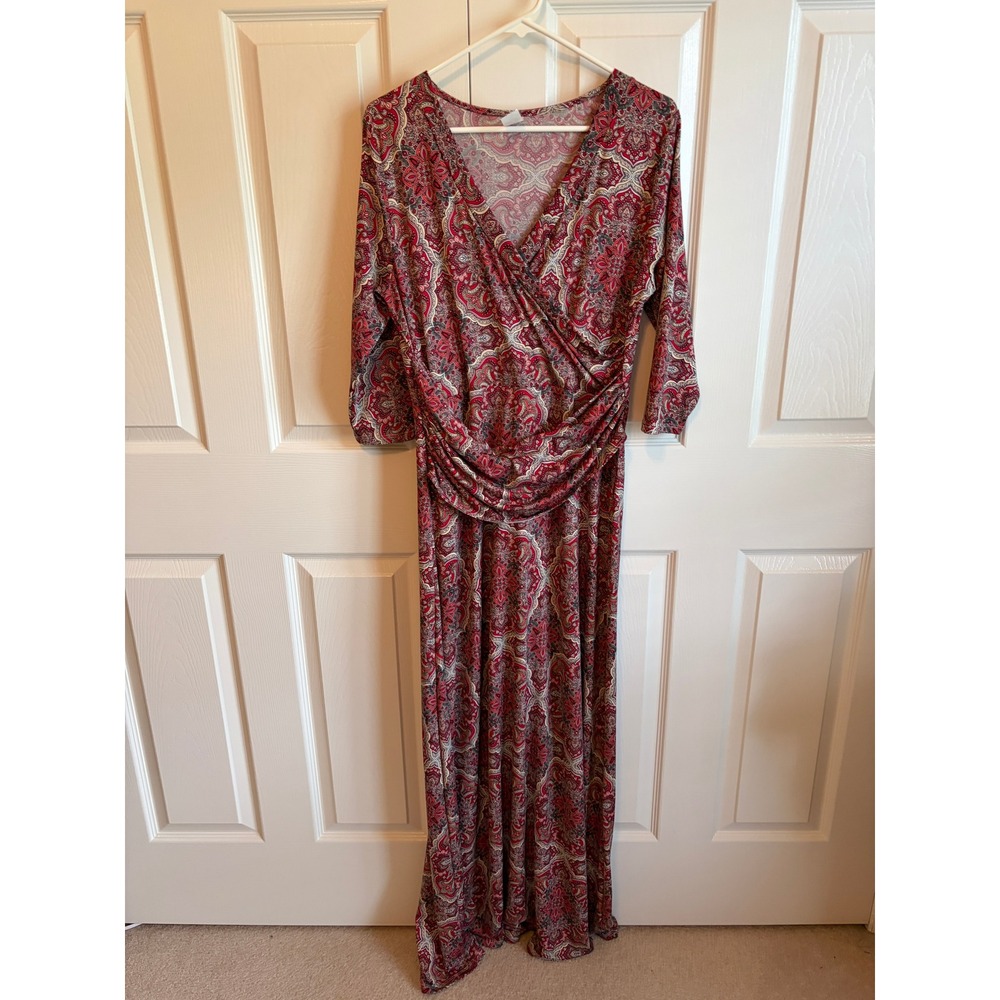 Honey & Lace Red Paisley Mandala Maxi Dress Faux Wrap V-Neck 3/4 Sleeve XL